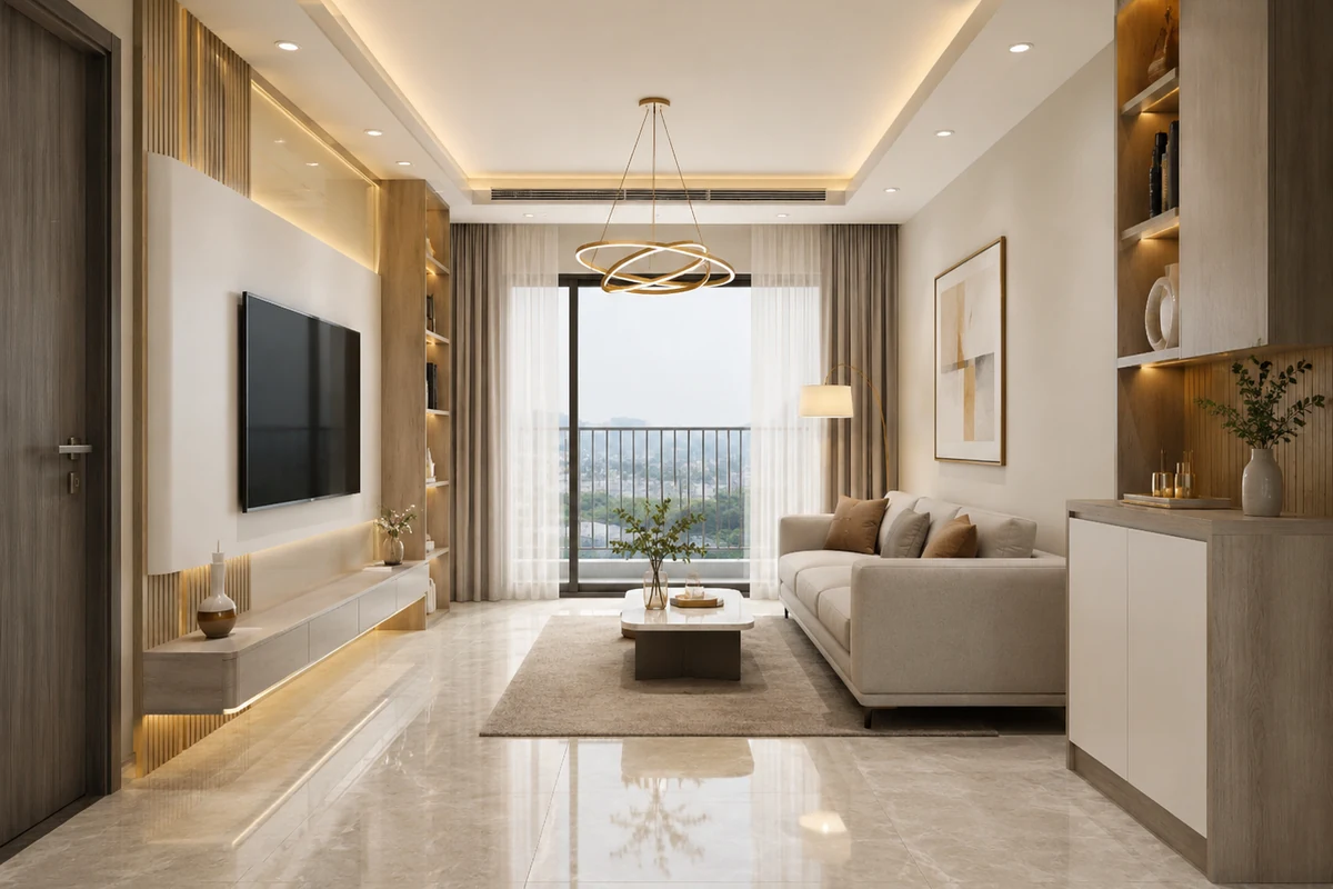 Phòng khách chung cư hiện đại với sofa sáng màu, vách tivi và cửa kính ban công