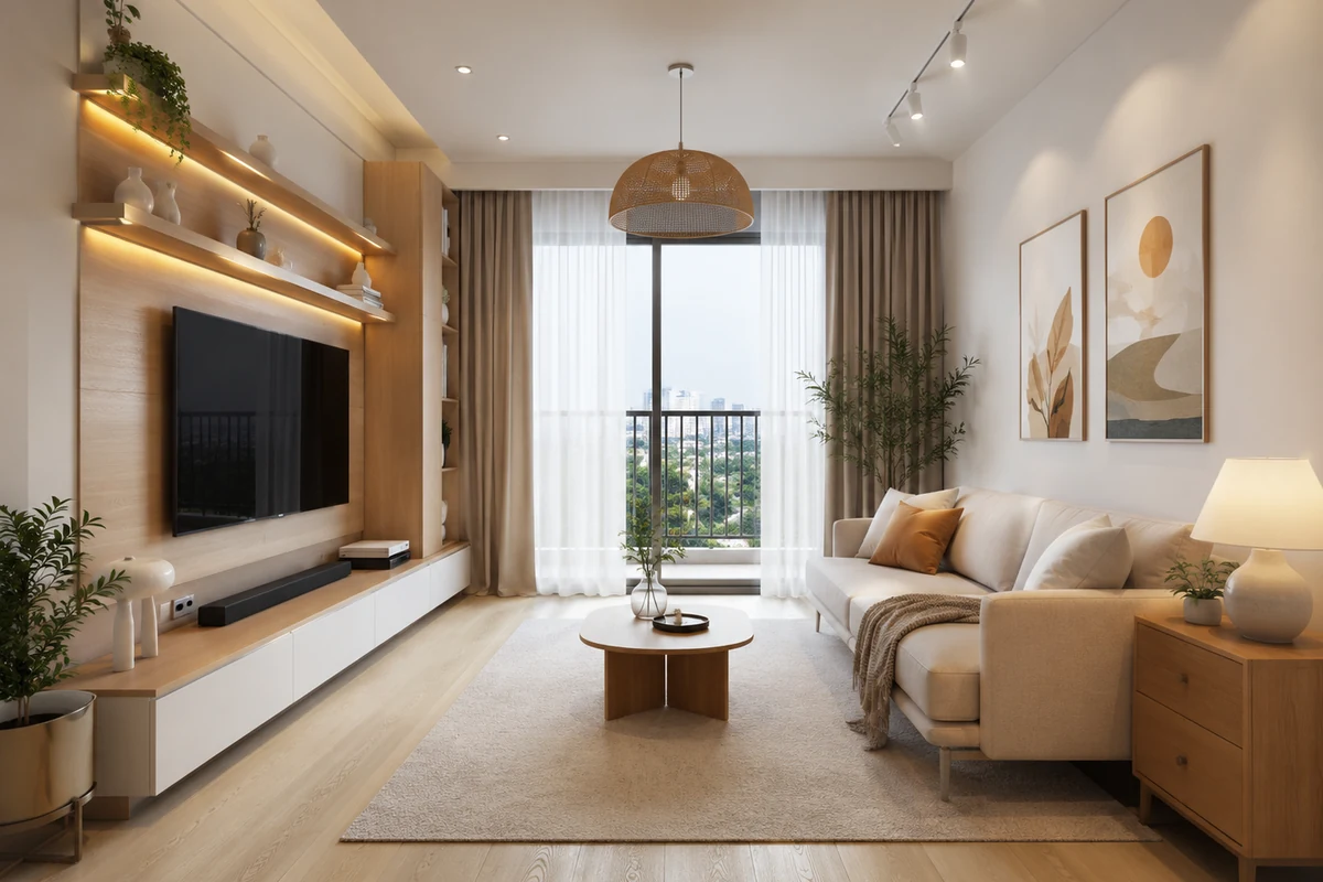 Phòng khách chung cư tông be có kệ gỗ trang trí và sofa chữ L
