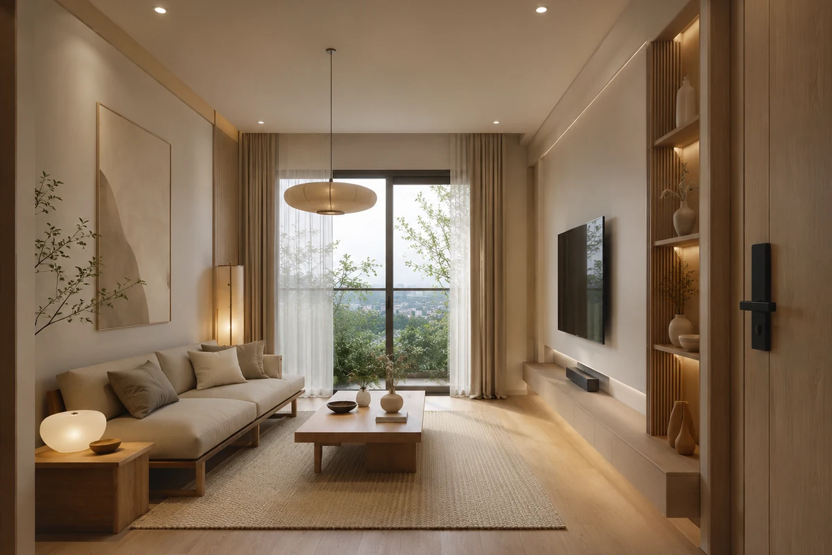 Phòng khách chung cư tông gỗ ấm với sofa be và vách tivi liền tủ