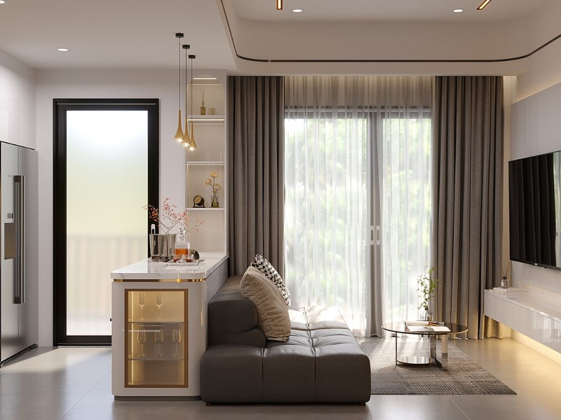 Phòng khách Luxury căn hộ 60m2 với quầy bar nhỏ cạnh ban công
