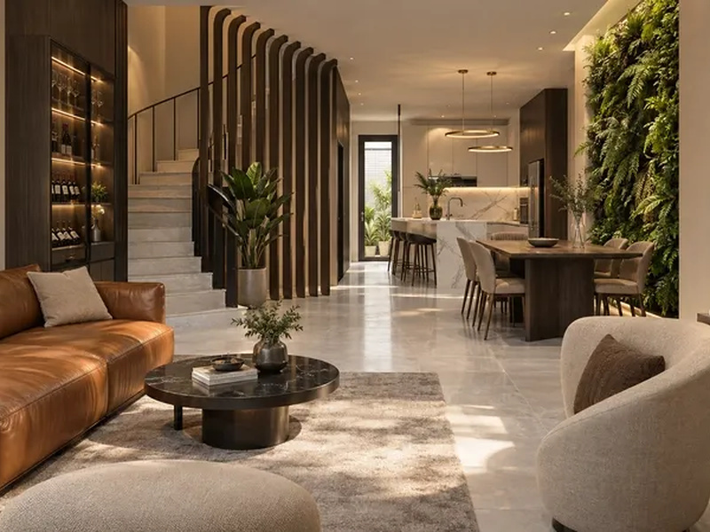 Phòng khách nhà phố với sofa da nâu, ghế bành vải kem, cầu thang lam gỗ và khu bếp phía sau
