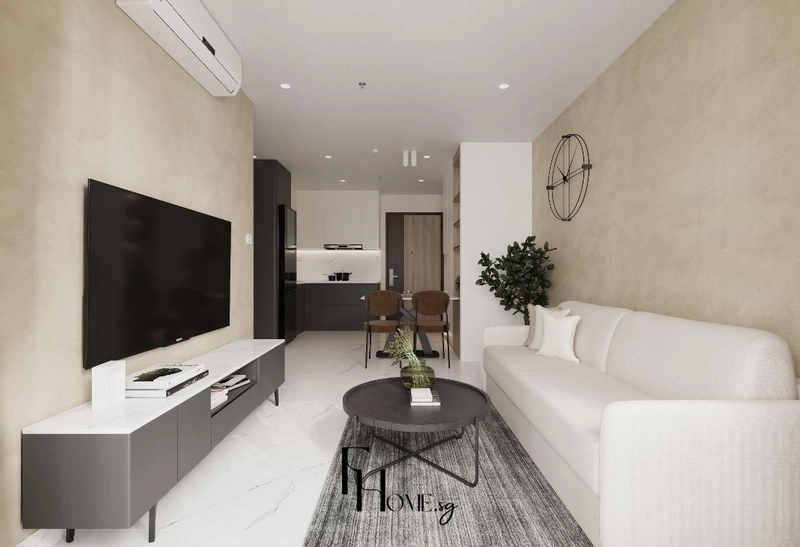 Phòng khách có sofa trắng kệ tivi ghi và bếp phía sau thoáng gọn