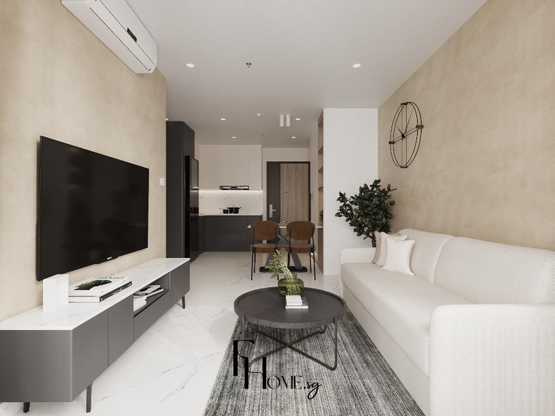 Phòng khách sofa trắng, kệ tivi xám, nhìn thẳng về khu bếp và bàn ăn cuối căn hộ