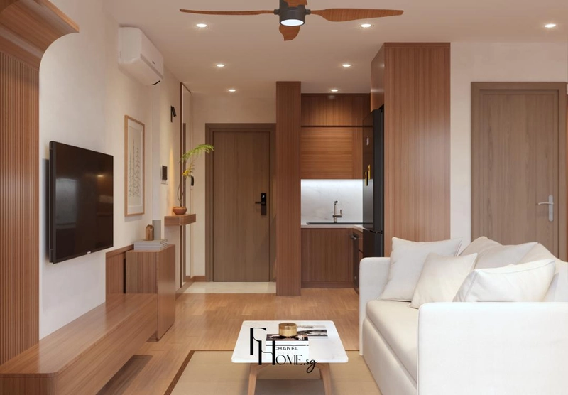 Phòng khách liền bếp với sàn gỗ sồi sáng tường trắng kem và sofa trắng