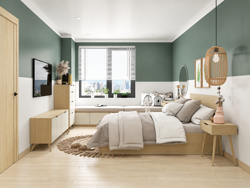 Phòng ngủ Bắc Âu căn hộ 60m2 với tường xanh và nội thất gỗ sáng