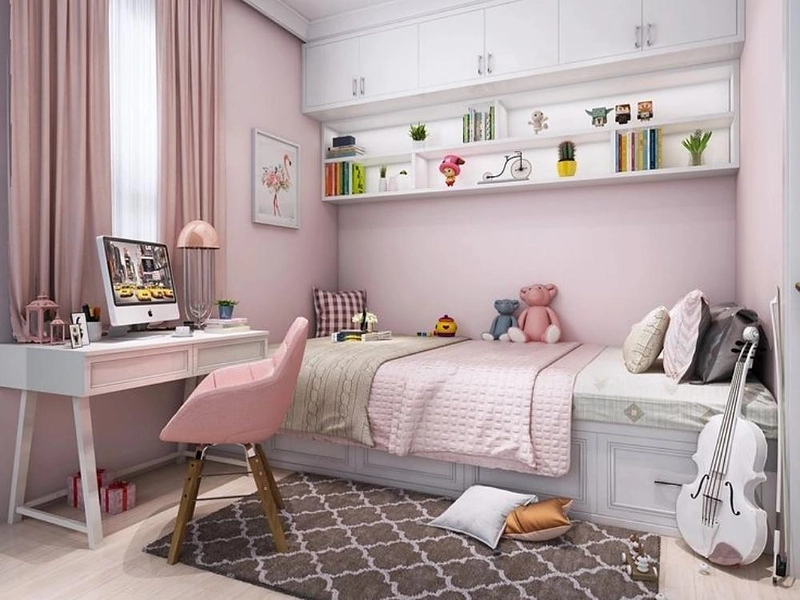 Phòng ngủ bé gái yêu âm nhạc được trang trí với họa tiết và góc nhỏ để đặt nhạc cụ luyện tập