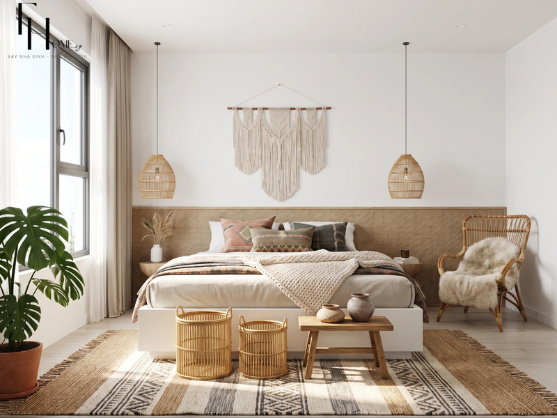 Giường gỗ sáng cạnh cây xanh, đèn mây và ghế đan trong phòng ngủ Boho