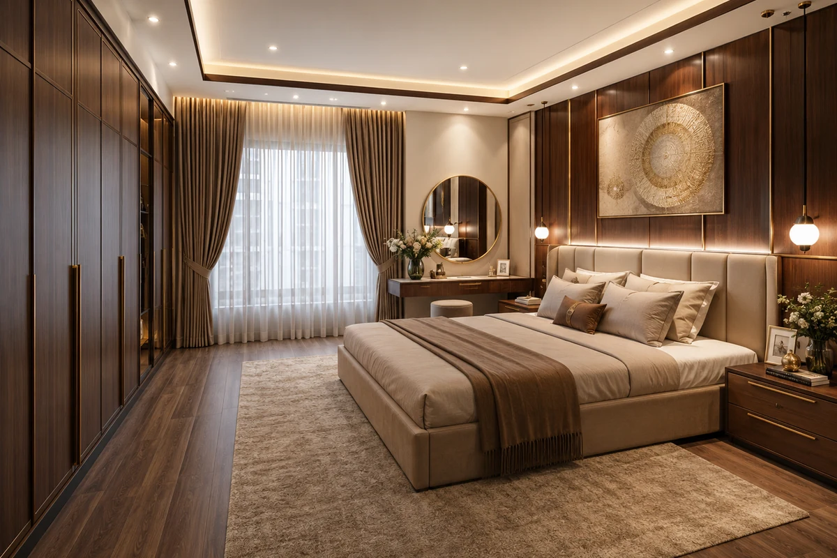 Phòng ngủ chung cư tông gỗ tối có bàn làm việc và gương tròn