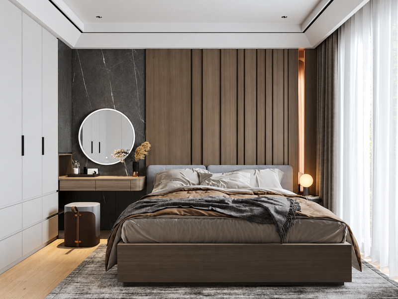 Phòng ngủ hiện đại căn hộ 60m2 với giường gỗ và tủ áo kịch trần