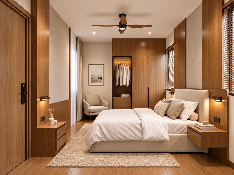 Phòng ngủ Japandi căn hộ 60m2 với giường gỗ và bàn trang điểm