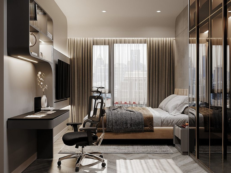 Phòng ngủ Luxury căn hộ 60m2 với tủ kính và bàn làm việc