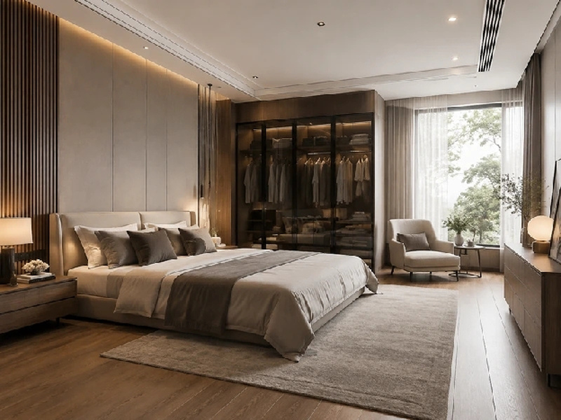 Giường lớn đặt trước hệ tủ kính, ghế thư giãn ở góc gần cửa sổ