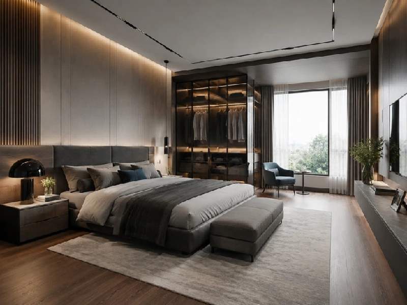 Giường thấp màu xám đậm cạnh hệ tủ áo kính và cửa sổ lớn trong phòng ngủ master