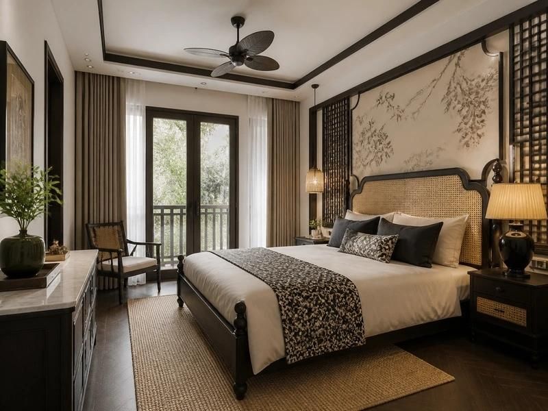 Giường bọc nệm màu kem trước vách hoa văn, quạt trần và nội thất gỗ tối màu