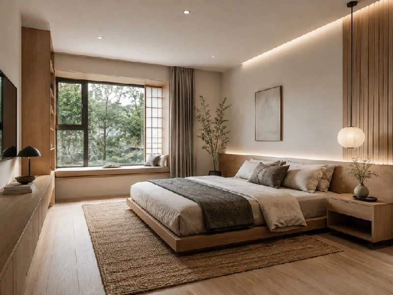Giường thấp bọc vải đặt cạnh cửa sổ và mảng ốp gỗ sáng trong phòng ngủ Japandi