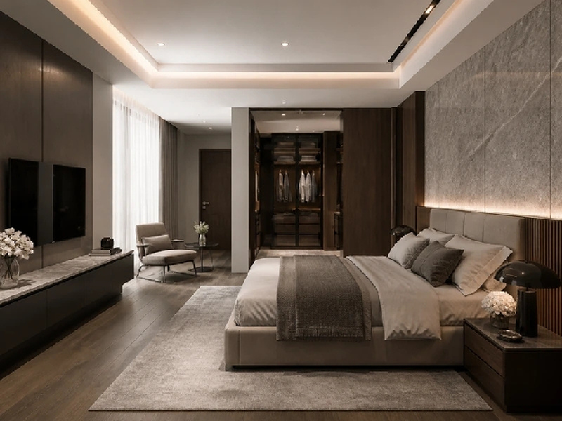 Phòng ngủ master tông nâu với tivi đối diện giường và tủ áo kính ở cuối phòng
