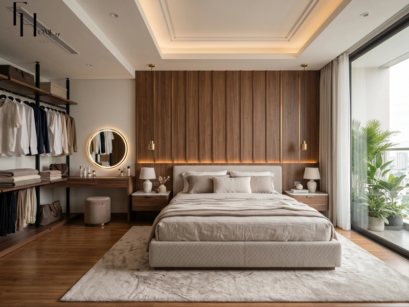 Giường lớn trước mảng ốp gỗ, cạnh bàn trang điểm và cửa kính cao