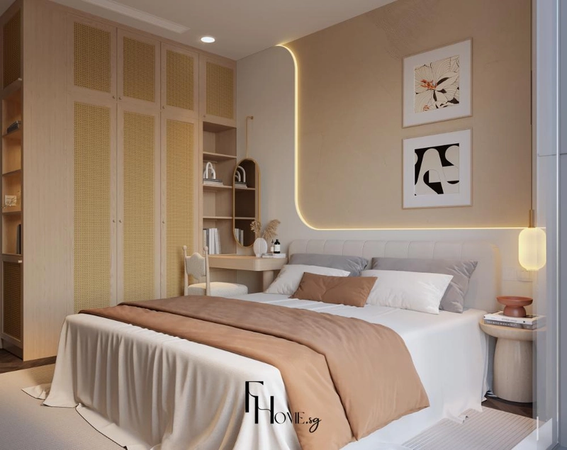 Tủ quần áo sát trần ốp lưới mây trong phòng ngủ master bên giường