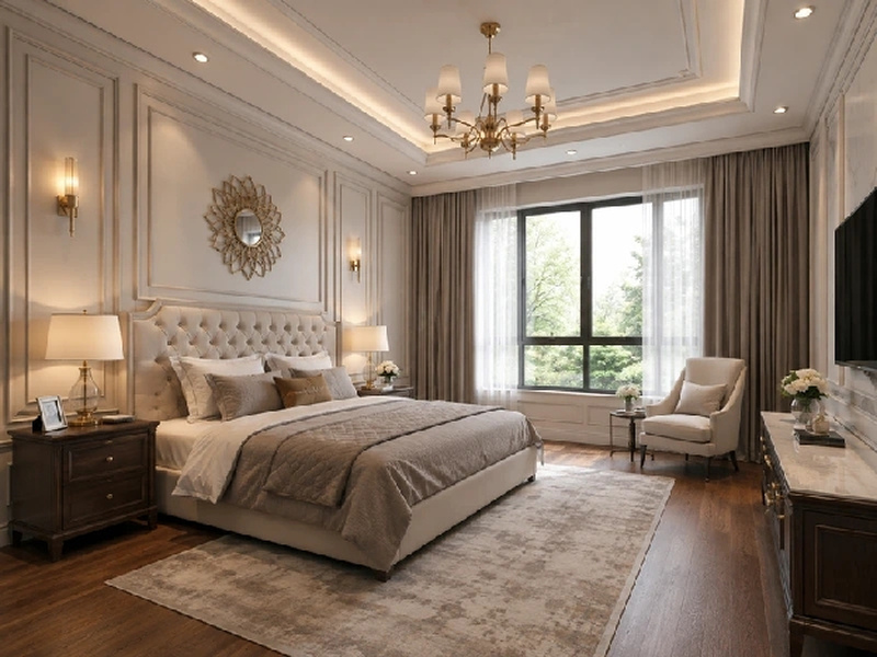 Giường bọc nệm dưới đèn chùm, xung quanh là phào chỉ tường và rèm cao