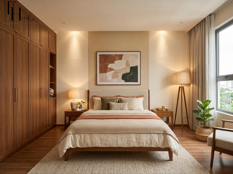Giường nâu cạnh tủ gỗ, đèn sàn và tranh trừu tượng trong phòng ngủ ấm