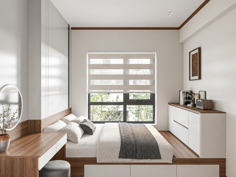 Phòng ngủ nhỏ chung cư 60m2 với giường bục và bàn làm việc