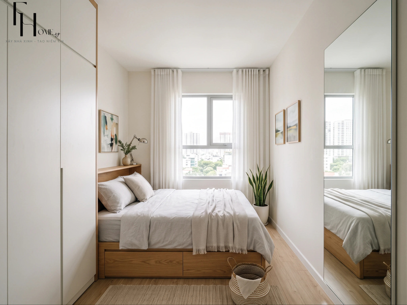 Giường đơn kê sát tường cạnh tủ gương cao trong phòng ngủ nhỏ