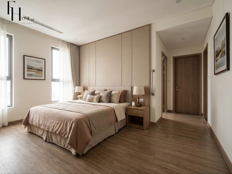 Giường đôi thấp cạnh tủ cao và lối đi rộng trong phòng ngủ ông bà