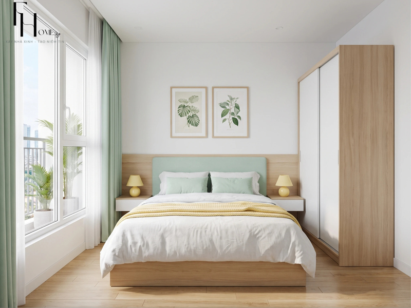 Giường xanh pastel cạnh tủ gỗ sáng và hai tranh lá nhỏ