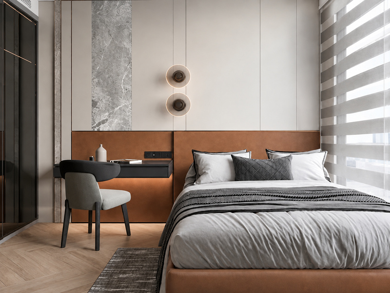 Phòng ngủ phụ căn hộ 60m2 với bàn học cạnh giường