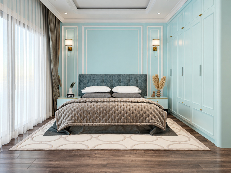 Phòng ngủ Tân Cổ Điển căn hộ 60m2 với tủ áo xanh pastel