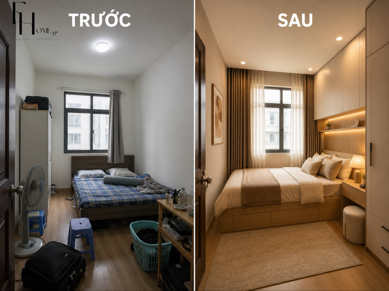 Ảnh so sánh phòng ngủ nhỏ trước và sau khi decor với tông be và đèn hắt