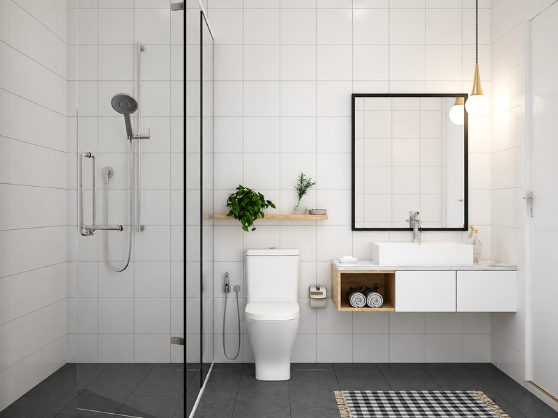 Phòng tắm căn hộ 60m2 sáng màu với tủ lavabo treo