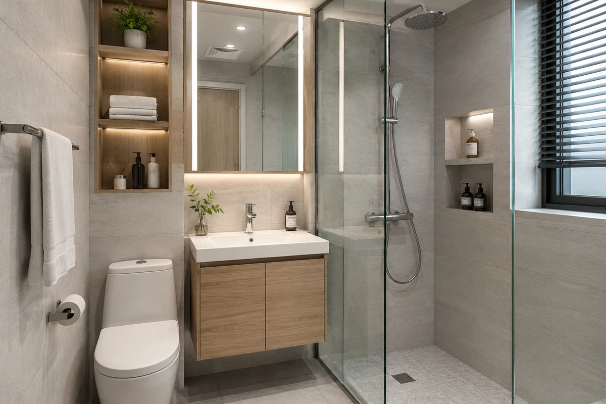 Phòng tắm chung cư lát gạch xám có cửa sổ, lavabo gỗ và vách kính