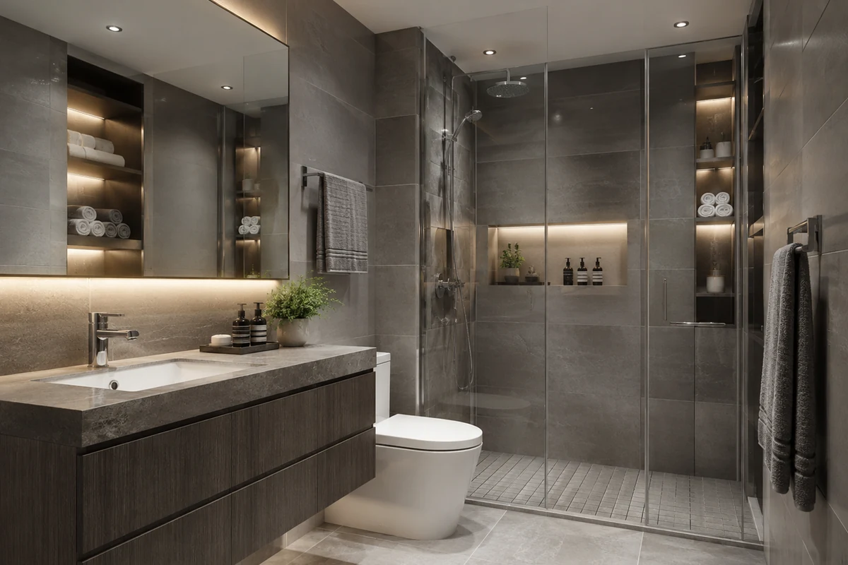 Phòng tắm chung cư ốp đá xám tối có lavabo dài và khu tắm đứng