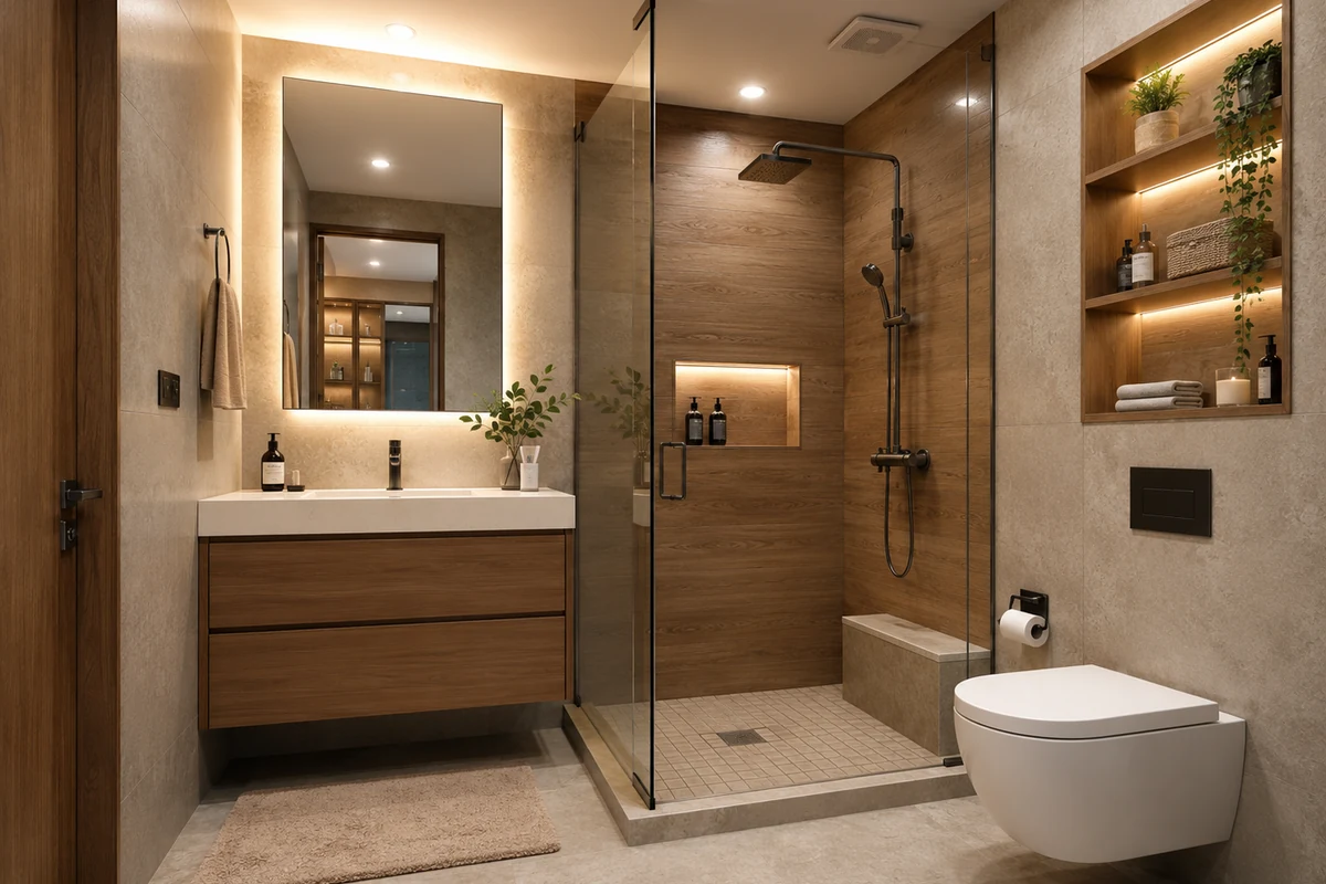 Phòng tắm chung cư tông nâu ấm có lavabo treo và khu tắm kính