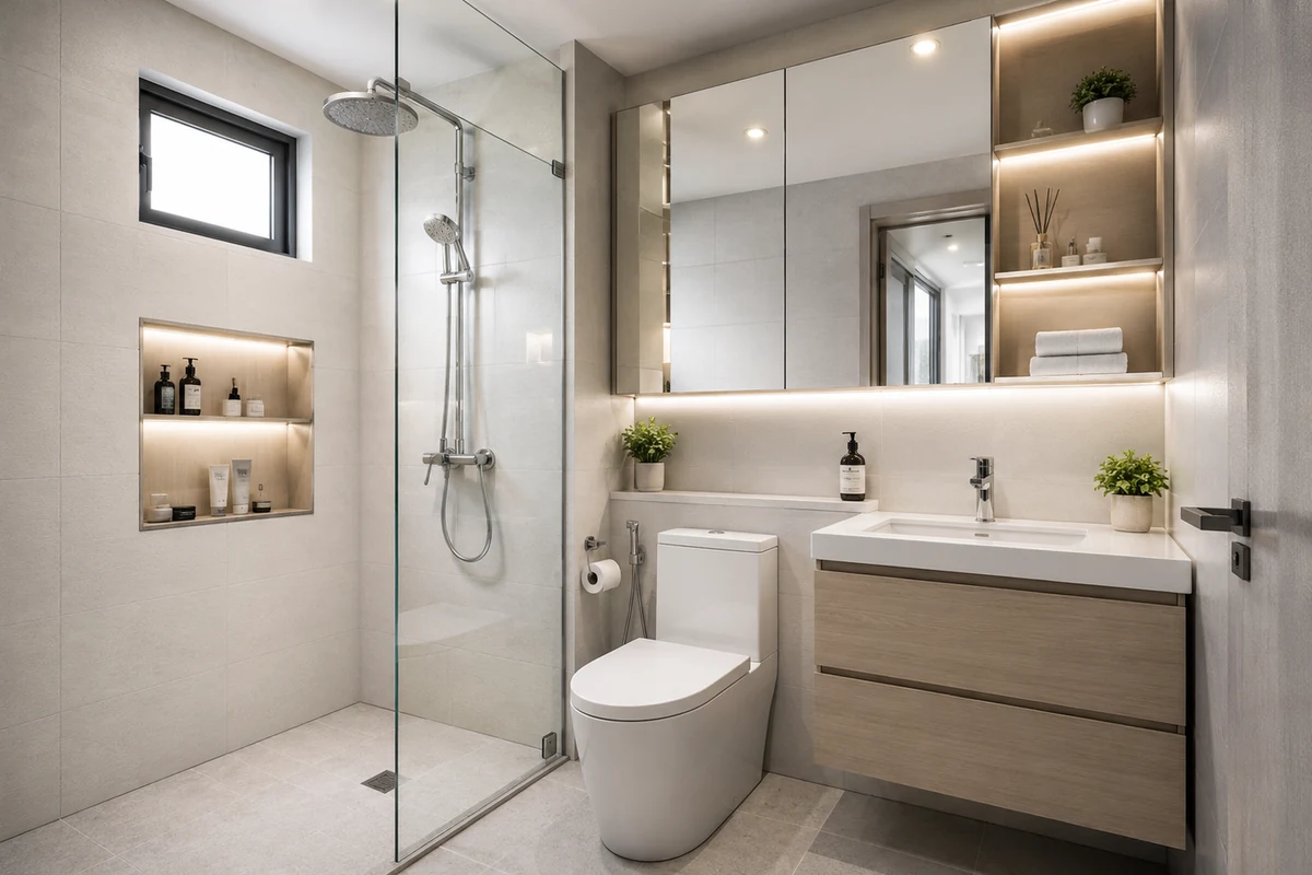 Phòng tắm chung cư sáng màu có gương lớn, lavabo gỗ và vách kính