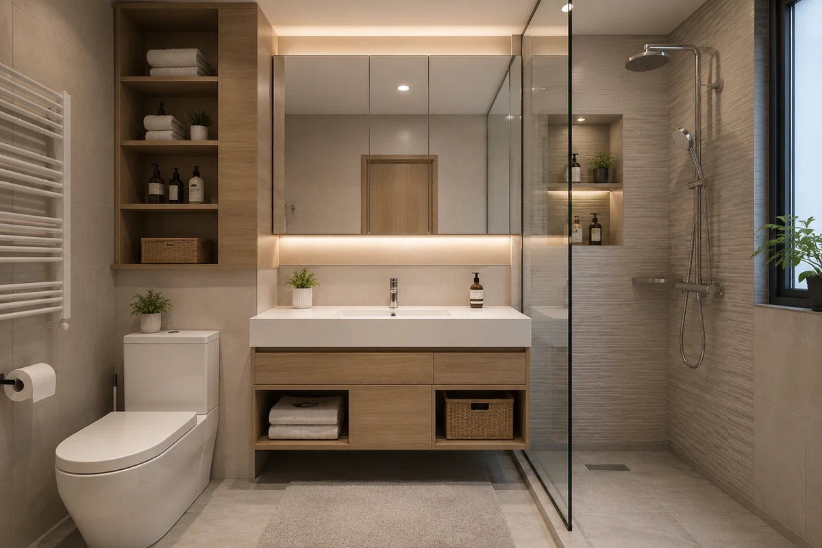 Phòng tắm chung cư sáng màu có tủ gỗ cao, hốc âm và vách kính
