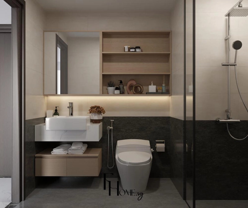 Phòng vệ sinh có tủ gương kệ mở tủ treo dưới lavabo cạnh vách kính