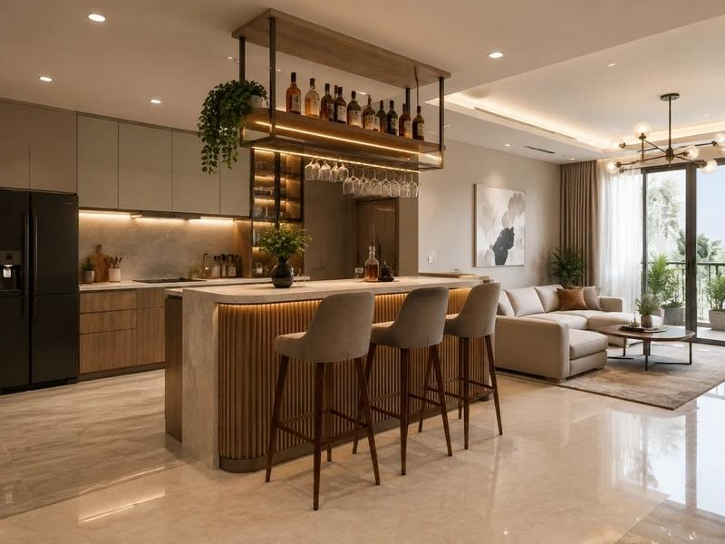 Mẫu quầy bar đặt giữa bếp và phòng khách