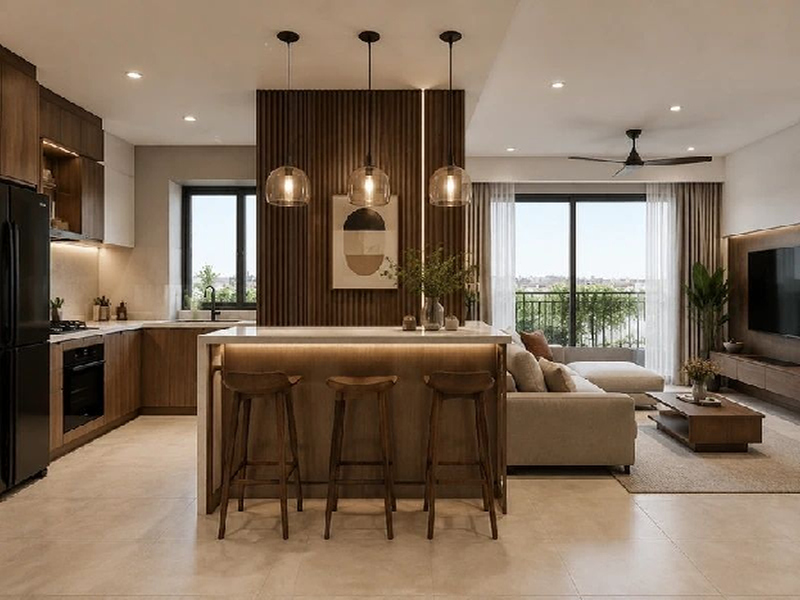 Mẫu quầy bar kết hợp đèn thả và mảng trang trí