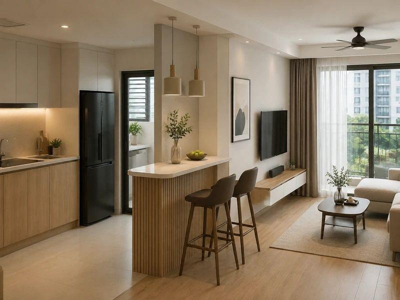 Mẫu quầy bar ngăn bếp và phòng khách cho chung cư nhỏ