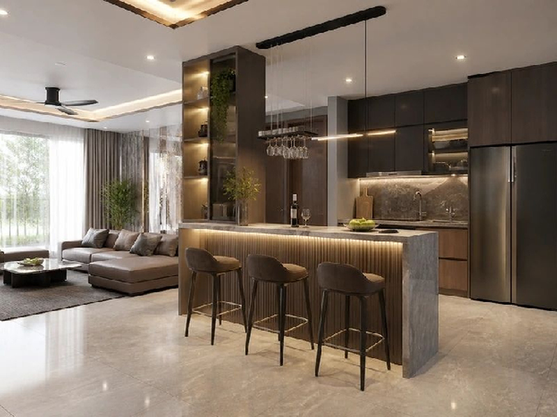 Mẫu quầy bar ngăn bếp và phòng khách sang trọng