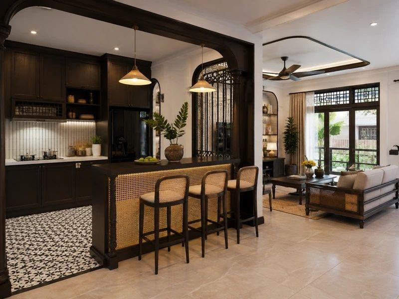 Mẫu quầy bar ngăn bếp và phòng khách phong cách Indochine
