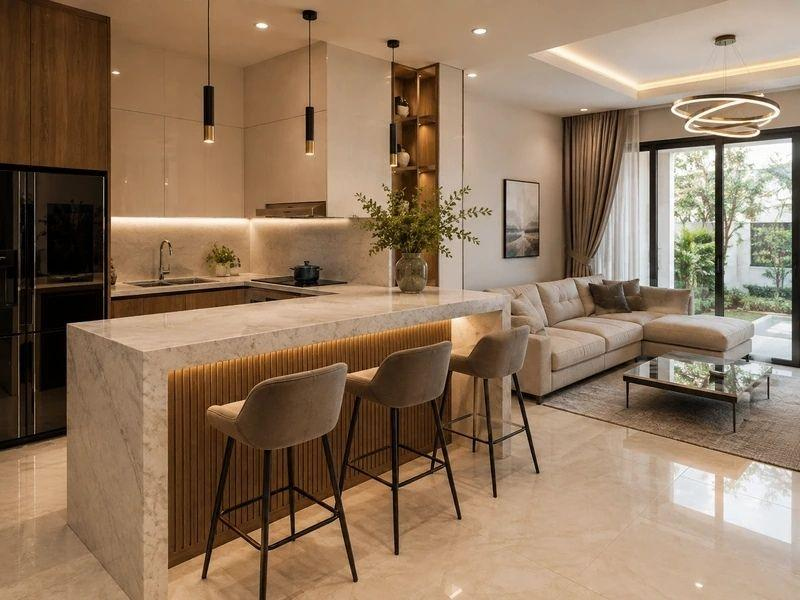 Mẫu quầy bar ngăn bếp và phòng khách mặt đá