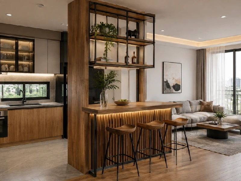 Mẫu quầy bar ngăn bếp và phòng khách bằng gỗ kết hợp kim loại