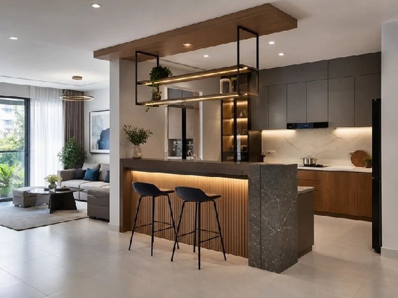 Mẫu quầy bar ngăn bếp và phòng khách hiện đại