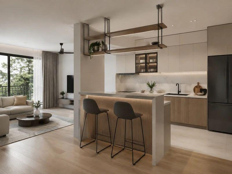 Mẫu quầy bar ngăn bếp và phòng khách tối giản