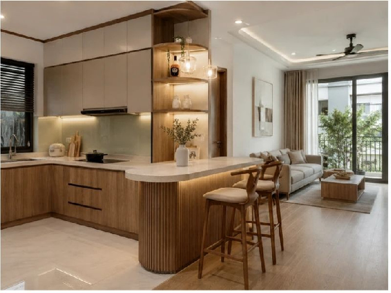 Mẫu quầy bar nối liền tủ bếp