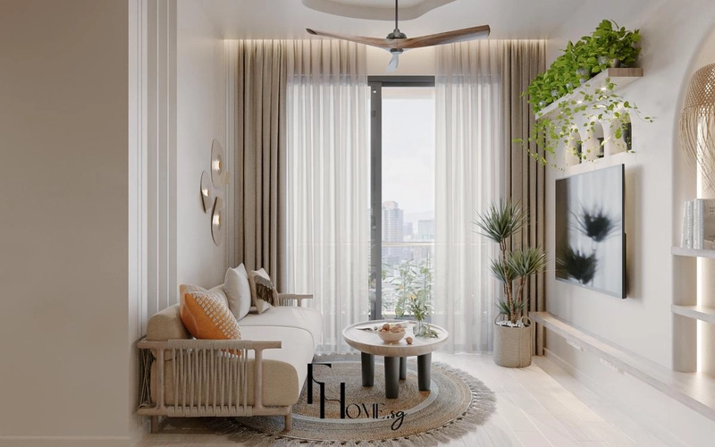 Rèm voan và rèm vải cạnh sofa đối diện vách tivi trong phòng khách