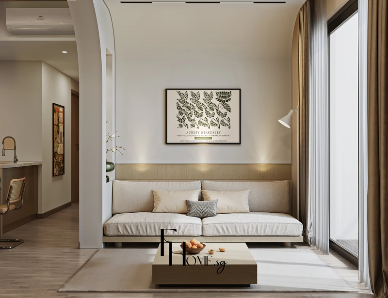 Sofa màu kem trước dải ốp gỗ có đèn hắt và tranh treo tường